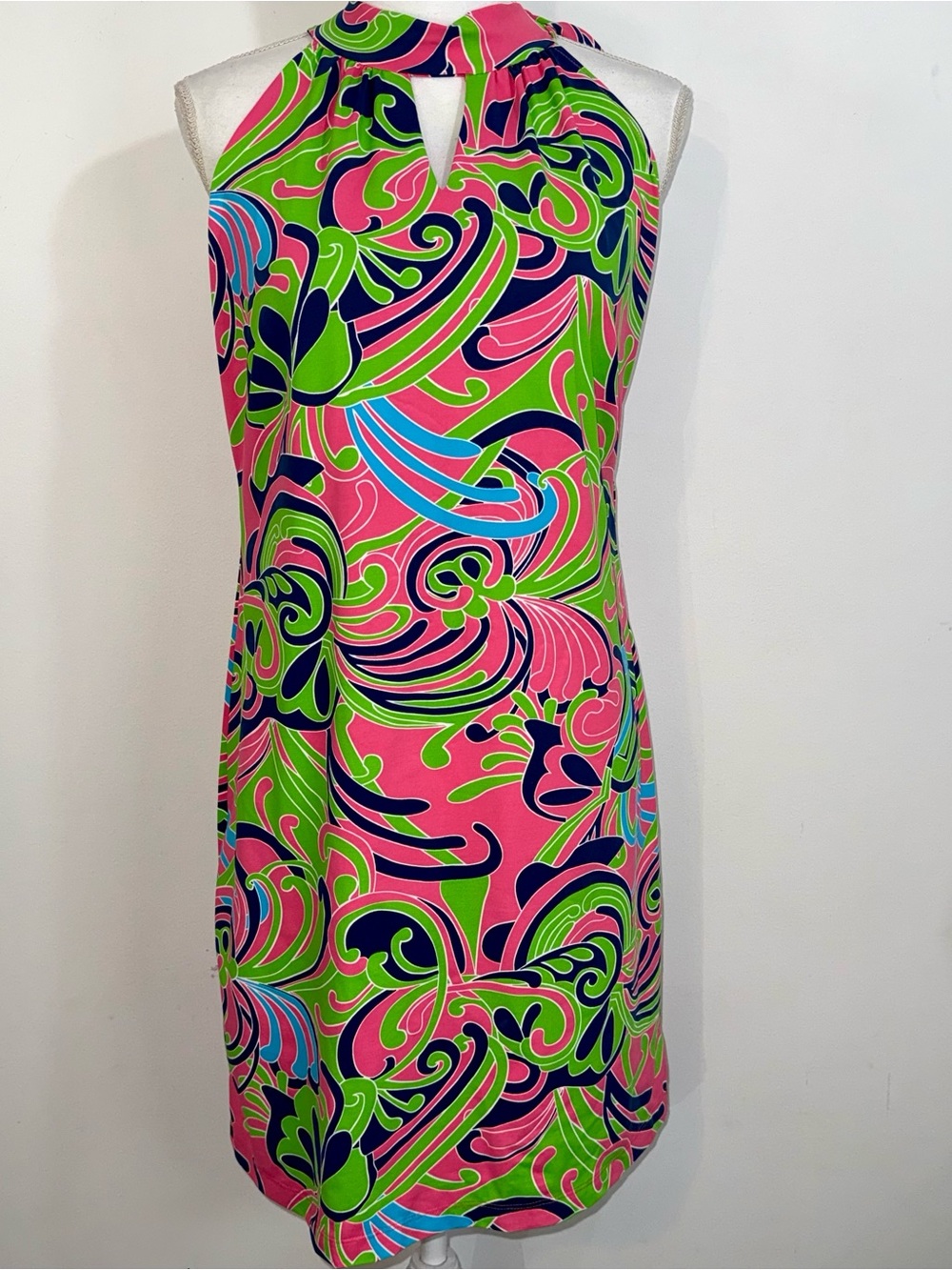 Katherine Way Sleeveless Shift Dress Pink Green Abstract Print Tie Neck Size M